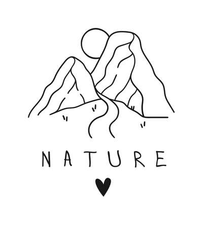 Hand-drawn Mountain icon set. Ski Resort vector icon, doodle element. Great Outdoor symbol isolated, travel labelのイラスト素材