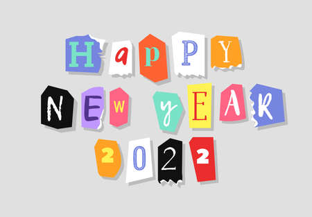Colorful Newspaper Alphabet text Happy New Year 2022. Hand made Anonymous set. Vector Holiday Greetings Cardのイラスト素材