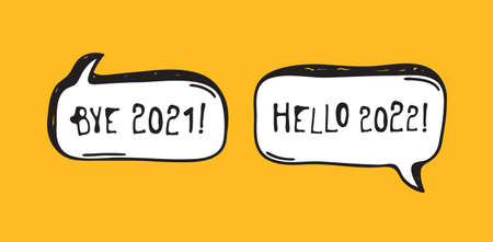 Hand Drawn Speech Bubbles with Text about New Year. Vector pop art object. Doodle elements for dialogのイラスト素材