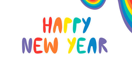Rainbow Flag Pride Lettering Greeting Card with text Happy New Year. Hand Made ink Font. Hand Drawn Letters written with a Brush. Trendy Hipster Vector Illustrationのイラスト素材