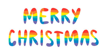 Rainbow Flag Pride Lettering Greeting Card with text Merry Christmas. Hand Made Font. Hand Drawn Letters written. Trendy Hipster Vector Illustrationのイラスト素材
