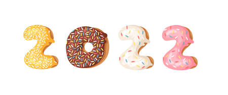 Happy New Year Greeting Card with numbers 2022. Cartoon vector illustration donut. Hand drawn font with sweet bun. Actual Creative art bake alphabetのイラスト素材