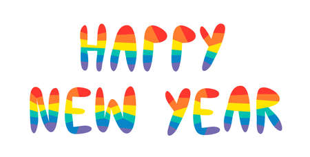 Rainbow Flag Pride Lettering Greeting Card with text Happy New Year. Hand Made ink Font. Hand Drawn Letters written with a Brush. Trendy Hipster Vector Illustrationのイラスト素材