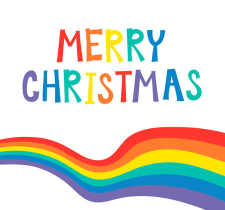 Rainbow Flag Pride Lettering Greeting Card with text Merry Christmas. Hand Made Font. Hand Drawn Letters written. Trendy Hipster Vector Illustrationのイラスト素材