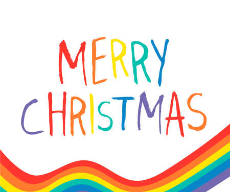 Rainbow Flag Pride Lettering Greeting Card with text Merry Christmas. Hand Made Font. Hand Drawn Letters written. Trendy Hipster Vector Illustrationのイラスト素材