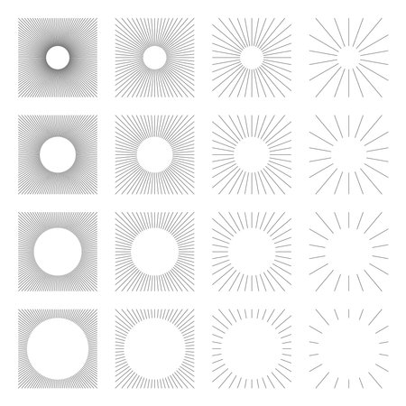 Set of Vintage Square Sunbursts in Different Shapes. Trendy Hand Drawn Retro Bursting Rays Design Elements. Hipster Vector illustrationのイラスト素材