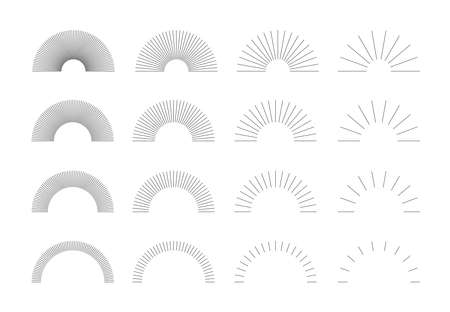 Set of Vintage Circle Sunbursts in Different Shapes. Trendy Hand Drawn Round Retro Bursting Rays Design Elements. Hipster Vector illustrationのイラスト素材