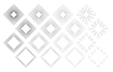 Set of Vintage Rhomb Sunbursts in Different Shapes. Trendy Hand Drawn Square Retro Bursting Rays Design Elements. Hipster Vector illustrationのイラスト素材