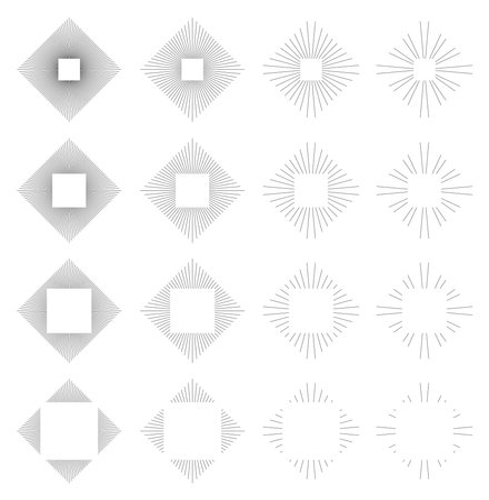 Set of Vintage Rhomb Sunbursts in Different Shapes. Trendy Hand Drawn Square Retro Bursting Rays Design Elements. Hipster Vector illustrationのイラスト素材