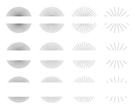 Set of Vintage Circle Sunbursts in Different Shapes. Trendy Hand Drawn Round Retro Bursting Rays Design Elements. Hipster Vector illustrationのイラスト素材