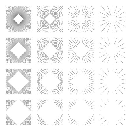 Set of Vintage Square Sunbursts in Different Shapes. Trendy Hand Drawn Retro Bursting Rays Design Elements. Hipster Vector illustrationのイラスト素材