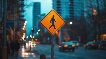 Pedestrian crossing sign on urban street with blurred city lights in the background. Safety and transport concept.の素材