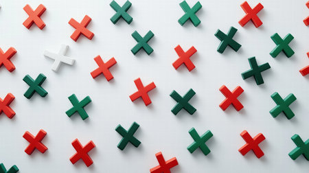 Scattered red, green, and white 3D crosses on white background. Decision-making concept.の素材