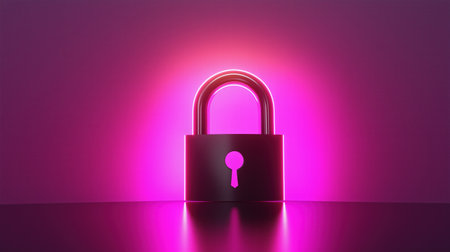 Glowing pink padlock with illuminated keyhole on dark reflective background. Cyber protection concept.の素材