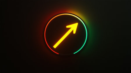 Yellow arrow glowing upwards in dark futuristic circle. Direction conceptの素材