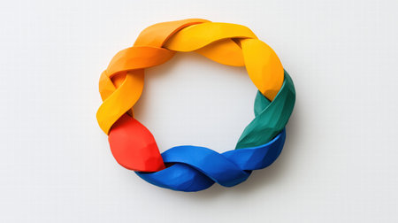 Colorful intertwined ribbon circle on white background. Unity and connection conceptの素材