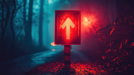 Red glowing traffic sign with upward arrow in dark forest environment. Direction and mysteryの素材