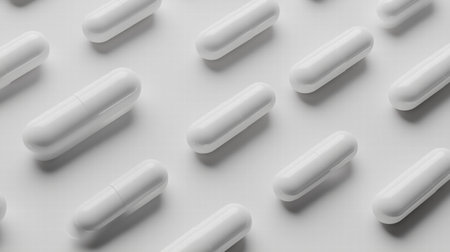 White capsules arranged in a pattern on light background. Pharmaceutical industry.の素材