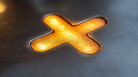 Close-up of glowing orange X symbol on metallic surface. Error or attention conceptの素材