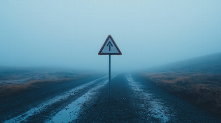 Single road sign pointing upwards on a foggy road. Navigation and isolation conceptの素材