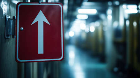 Red upward arrow traffic sign in a dimly lit industrial hallway. Navigation and safety conceptの素材