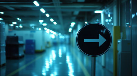 Right arrow road sign with blurry industrial hallway background. Navigation and direction conceptの素材