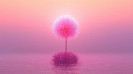 Surreal glowing pink tree standing in a water body under a pastel gradient sky. Concept of imagination and fantasy.の素材