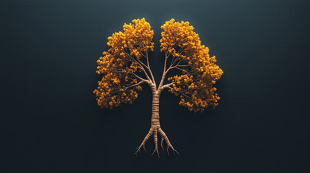 Tree shaped like human lungs with golden foliage on dark background. Concept of life and natureの素材