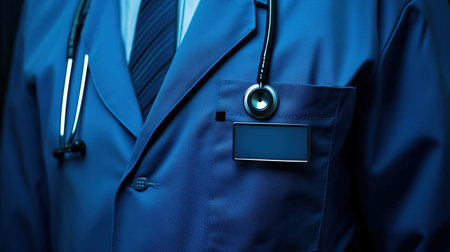 Close-up of a blue doctor's coat with stethoscope. Healthcare and professionalism conceptの素材