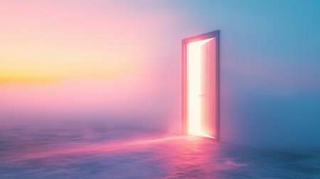 Bright open door with glowing light in colorful foggy room. Concept of opportunity and new beginningsの素材