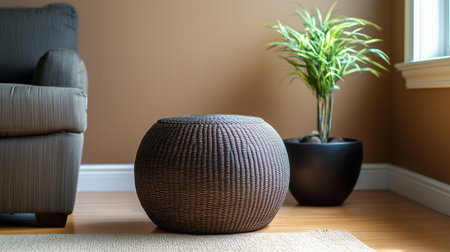 Woven wicker ottoman next to a green plant in a cozy living room. home comfortの素材