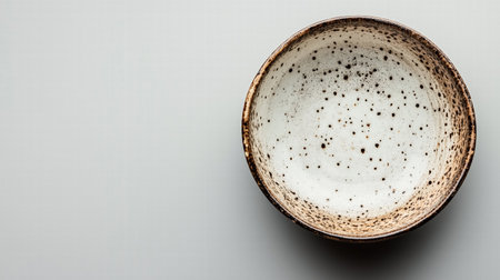 Top view of speckled ceramic bowl with rustic design on gray background. Modern tableware conceptの素材
