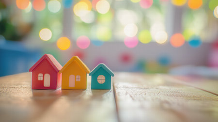 Three colorful toy houses on wooden surface with bokeh lights background. Concept of family and home ownershipの素材