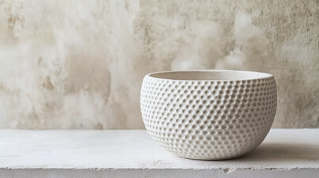 Textured white ceramic bowl on concrete surface with rustic background. Minimalist decor or product displayの素材