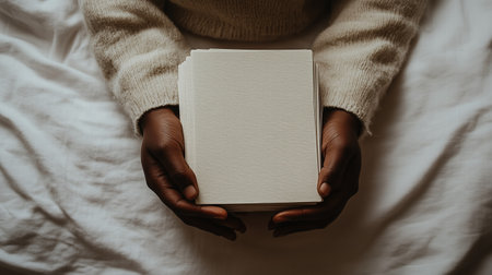 Hands holding blank white cards on a soft fabric background. personal reflection and calmnessの素材