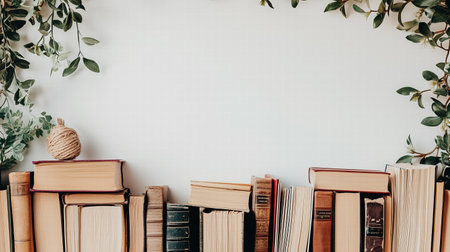 Stack of vintage books with green leaves on a white background. literature and nature conceptの素材
