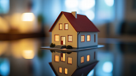 Small house model with red roof in a warm indoor setting. Real estate investmentの素材