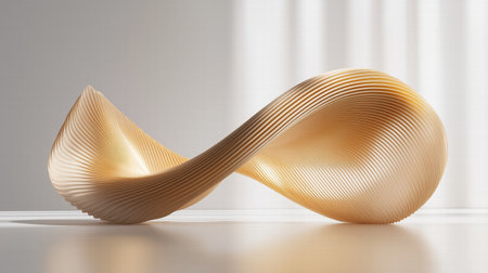Golden abstract sculpture with smooth curves on a reflective surface. Modern design and eleganceの素材