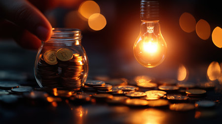 Glass jar filled with coins next to a glowing bulb under dim light. Savings and innovation conceptの素材