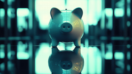Reflective piggy bank in a modern interior with teal lights. Symbol of financial savingsの素材