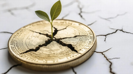 Sprout emerging from cracked golden coin on white background. economic sustainabilityの素材