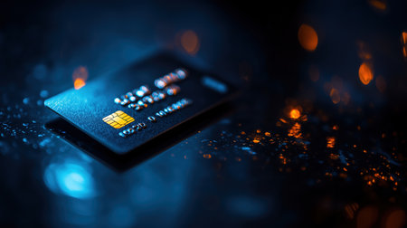 Close-up of credit card with glowing details on dark bokeh background. secure paymentsの素材
