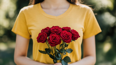 Woman in yellow holding a bouquet of red roses in a lush green background. Love and gratitude conceptの素材