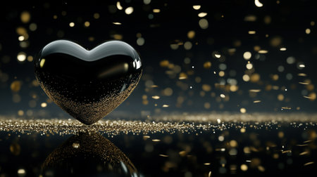 Black reflective heart surrounded by golden glitter. luxury and romanceの素材