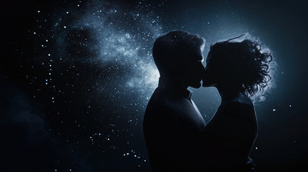 Silhouette of a couple embracing under a cosmic starry night sky. love and unityの素材