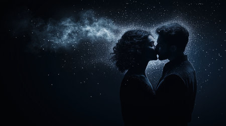 Silhouette of a couple kissing under a cosmic starry sky. romance and connectionの素材
