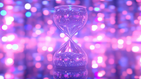Hourglass with sparkling purple sand and vibrant bokeh lights. time and luxury conceptの素材