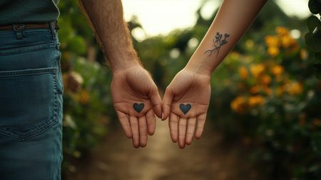 Close-up of a couple holding hands with heart shapes on their palms. Love and connection conceptの素材