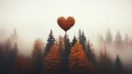 Tree in the shape of a heart in a foggy forest with autumn colors. nature and loveの素材