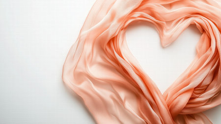 Peach chiffon fabric arranged into a heart shape on a white background. romantic themeの素材